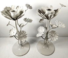 Hazel Mazel White Metal Flower & Bird Taper Candle Holders Pair picture