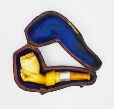 EDWARDIAN MEERSCHAUM & SILVER CARVED HAND CASED MINIATURE PIPE Birmingham 1909 picture