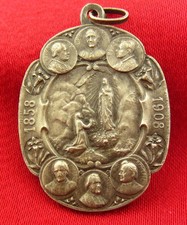 Antique LOURDES Medal MARY BERNADETTE POPES Large Catholic Pendant 1858-1908 picture