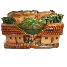 VTG Hand Carved Folk Art Wood Trinket Box Honduras Village Scene Hinged Lid  picture