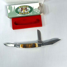Vintage Ridge Runner 3 Blade Folding Pocket Knife Amber Jigged Handle Box picture