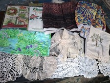 Lot Of Vintage Linens Crochet Doilies Large Fabric Pieces, Tablecloths, Curtains picture