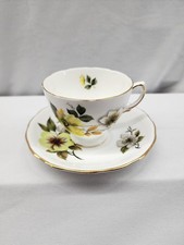 Vintage Royal Vale Bone China Teacup and Saucer Set Yellow Grey Floral England picture