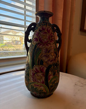 Antique 1900s Japanese Moriage Double Handle Vase Hand-Painted Floral 12