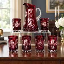 Vintage Nachtmann Bohemian ruby red cut-to-clear 9” pitcher and six 4” tumblers picture