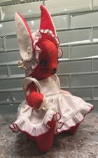 Vtg Unique Rare Jointed Red Felt Easter Bunny Doll 14” Embroidered Face picture