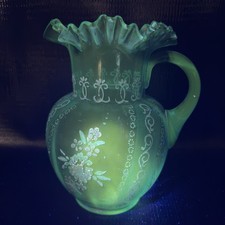 Antique Victorian Glass Pitcher Blue Enameled Crimped Rim Manganese 365nm Glow picture