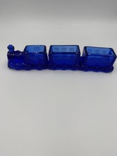 Vint. Cobalt Blue Glass Train 3 pcs Toothpick Sugar Pack Succulents Planter 10