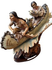 Danbury Mint Native American Canoe Figurine Sculpture Family w/ Dog “DML  Collec picture