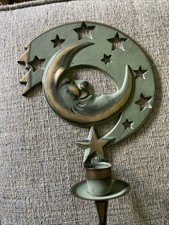 Partylite 1994 Brass Celestial Moon Face and Stars Wall Candle Holder Sconce. picture