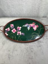 Vintage Wicker Glass Pressed Flower Butterfly Oval Tray picture