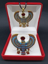 Horus Falcon Egyptian Jewelry Set Necklace Bracelet Pharaonic Red Stone Copper picture