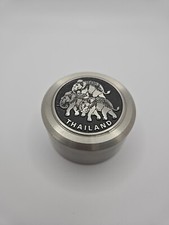 Vintage Oriental Pewter Company Round Trinket Container Thailand 3 Elephants picture