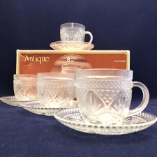 Durand Glass Luminarc 8 Piece Set Antique Fine Crystal Cups & Saucers c1970s USA picture