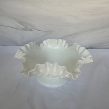 Fenton Hobnail Milk Glass Ruffled Crimp Compote Bowl Pedestal Dish Centerpiece picture