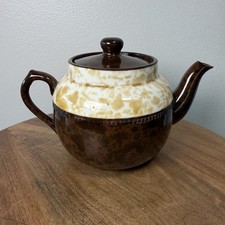 Vintage Brown Cream Glazed Ceramic Teapot Made in England Mottled Mid Century picture