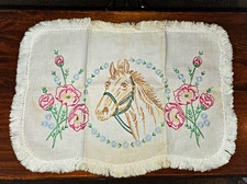 Vintage Hand-Embroidered Fringed Rectangular Doily, Horse & Floral Design, 1970s picture