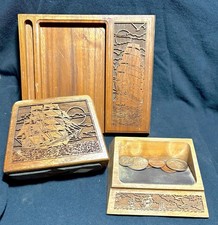 1988 Vintage Laser Engraved Wooden Nautical Desk Set Ship Carvings Carved Ships picture