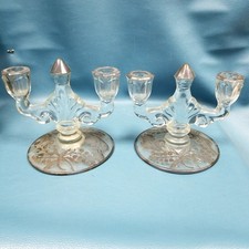 Pair VTG Heisey Trident Style 2 Arm Sterling Etched Floral Candlestick Holders picture