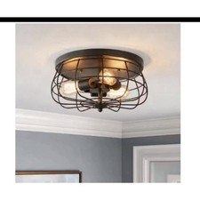 Merra 15 in. Industrial 3-Light Oil Rubbed Bronze Metal Cage Flush Mount picture