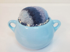 Vintage Pin Cushion Ceramic Double Handled Pot Quilt Trim Blue 3 x 3.5