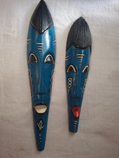 Traditional African Hand Carved/Painted Wooden Wall Hanging Mask Set of 2 - Blue picture
