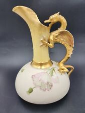 Robert Hanke Austrian Porcelain Dragon Handle Pitcher w/Hand Painted Flower READ picture