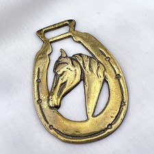 Brass Horse Medallion Vintage English Mare Filly Stallion Horseshoe Luck Harness picture