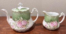 Antique Habsburg China Teapot & Creamer, Hand-Painted Roses, Austria Possibly MZ picture