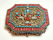 Vintage Nepal Tibet Brass Filigree Box Turquoise & Coral Stones Shiva Buddha picture