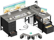 55 Inch L Shaped Office Desk with 6 Drawers, Power Outlet, Grey picture