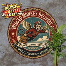 Flying Monkey Delivery Round Metal Sign Vintage Fantasy Wall Decor Plaque 8x8 picture
