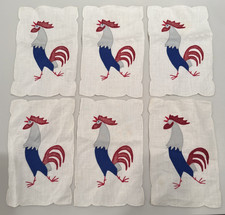 Vintage Madeira 6 Cocktail Napkins 1950s Rooster Embroidered Appliqué Linen 6 picture