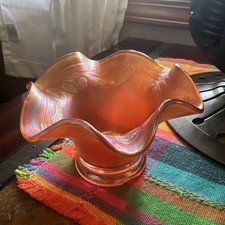 Vintage Carnival Glass Peach Orange Ruffled Bowl Iridescent Floral Pattern picture