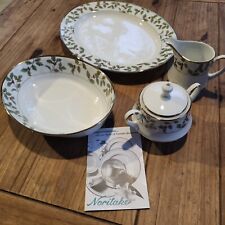 Noritake Holly & Berry Gold 5 Pc Serving Set Oval Platter Bowl Creamer Sugar New picture