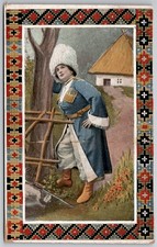 Vintage Ukrainian Cossack Folk Art Postcard Polonia 687 Slavic Hat Thatch House picture