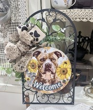 Handcrafted Pitbull Welcome Wreath-Wall Decor , 9x16”, Lightweight, Metal Arch picture