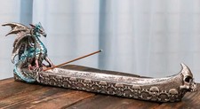 Blue Azureo Dragon On River Styx Boat of Skulls Incense Burner Holder Figurine picture