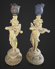 Pair Vtg Cherub Angel Violin Candlesticks Hollywood Regency Cream Crackle 10