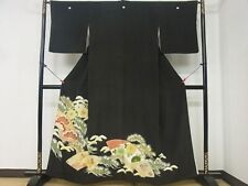 Semi-Antique Black Tomesode Kimono Piece Embroidery Paper Flower Pattern Gold Co picture