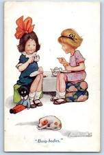 c1910s Children Girls Having Tea Busy Bodies Helen Jacobs Signed Artist Postcard picture