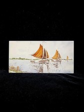 Vtg decorative ceramic tile painting featuring a sailboat pattern. 7.75