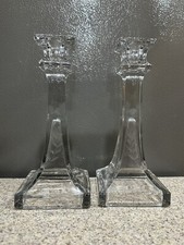 2 Vintage Etched Clear Glass Candleholders 7.5” Floral Square Base *see pics* picture