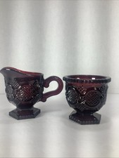 AVON Cape Cod Ruby Red Glass Sugar Bowl and Creamer Set picture