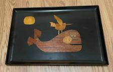 Vintage Couroc Lacquer MCM Cocktail Tray Wood Inlay Whale Bird EXTRA LARGE SIZE picture