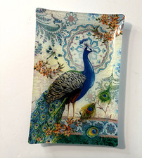 Fringe Studio Royal Peacock Glass Trinket Tray Jewelry Dish Floral Towel Holder picture