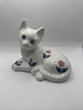 Vintage ELPA Alcobaca Portugal Ceramic Cat Figurine Floral Blue Glass Eyes 8x6.5 picture