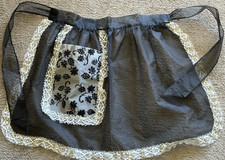 Vintage 1950's Half Apron Hostess Holiday Sheer Black Flocked Pocket w/Glitter picture