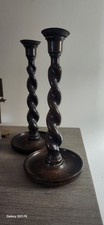 Pair of English Antique Oak Barley & Brass Twist Candle Sticks 12-1/2