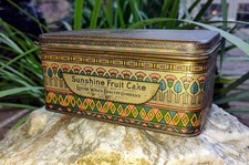 Vintage Sunshine Fruit Cake Tin (~1912-45) Metal Box, Loose Wiles Biscuit Co USA picture